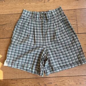 Vintage 90's Liz Thomas Plaid Shorts Pleated Pockets SZ M Green Beige Brown